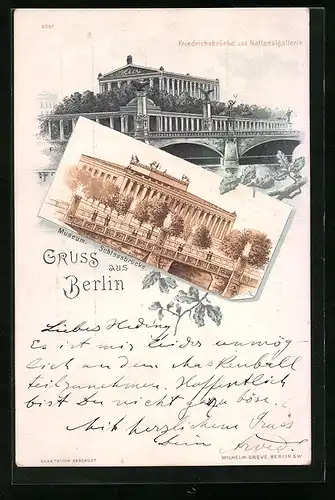 Lithographie Berlin, Friedrichsbrücke und Nationalgallerie