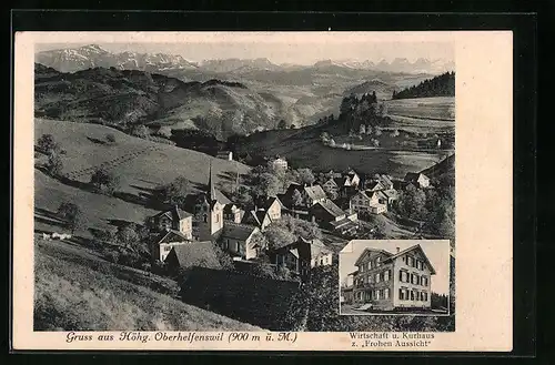 AK Höhg. Oberhelfenswil, Gasthaus u. Kurhaus zur Frohen Aussicht, Teilansicht mit Kirche