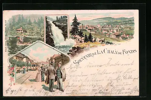 Lithographie La Chaux-de-Fonds, Strassenpartie mit Strassenbahn, Wasserfall, Uferpartie