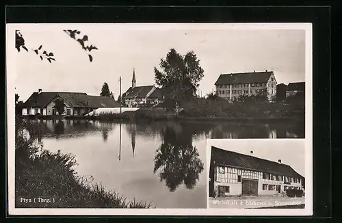 AK Pfyn /Thrg., Gasthaus & Bäckerei zum Sonnenhof, Uferpartie mit Kirche