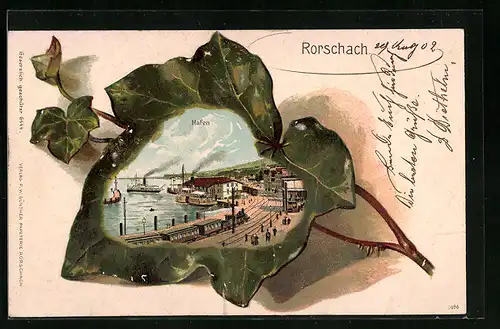 Präge-Lithographie Rorschach, Hafen mit Eisenbahn