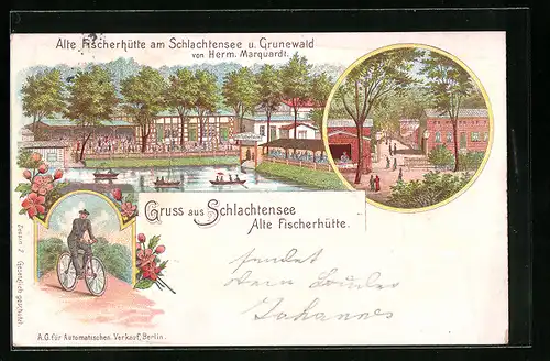 Lithographie Berlin-Schlachtensee, Gasthaus Alte Fischerhütte am Schlachtensee und Grunewald