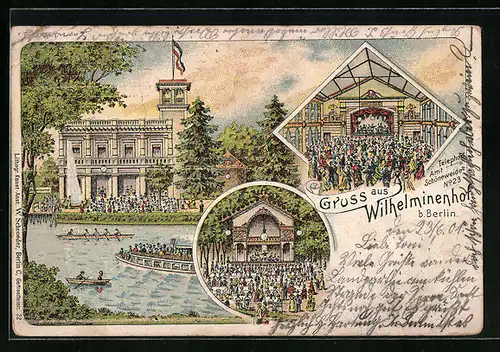 Lithographie Berlin-Oberschöneweide, Gasthaus Wilhelminenhof, Uferpartie mit Ruderbooten