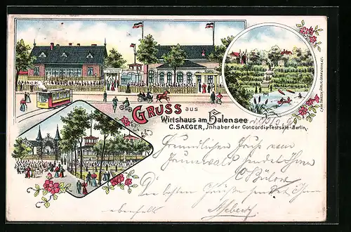 Lithographie Berlin-Halensee, Wirtshaus C. Saeger mit Strassenbahn