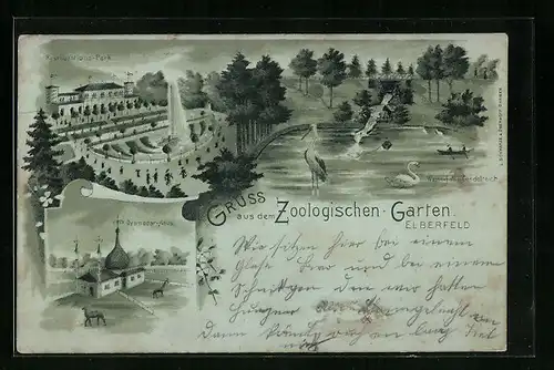 Lithographie Elberfeld, Zoologischer Garten - Wasserfall und Gondelteich, Restaurations-Park, Dromedar-Haus