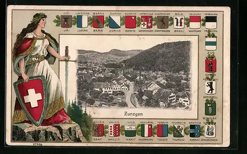 Passepartout-Lithographie Zunzgen, Gesamtansicht, Helvetia mit Schwert und Wappen, Kantonswappen