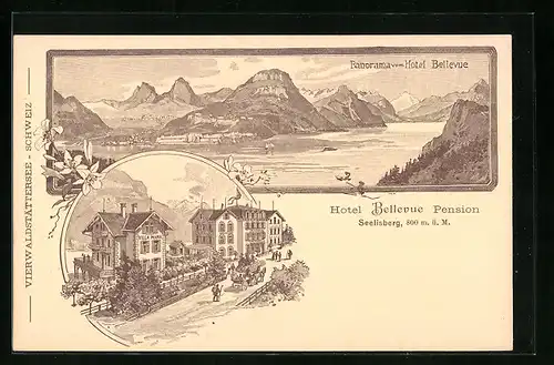 Lithographie Seelisberg, Hotel und Pension Bellevue mit Strasse von oben, Panorama des Ortes vom Hotel aus