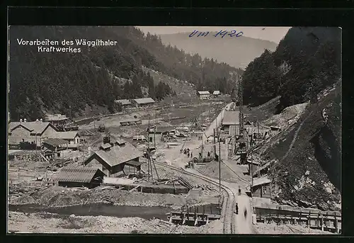 AK Siebnen, Vorarbeiten des Wäggithaler Kraftwerkes - Baustelle mit Eisenbahnbrücke und -schienen
