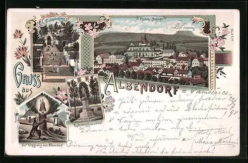 Lithographie Albendorf, Calvarienberg, Ursprung von Albendorf, Osterbergmonument, Totalansicht