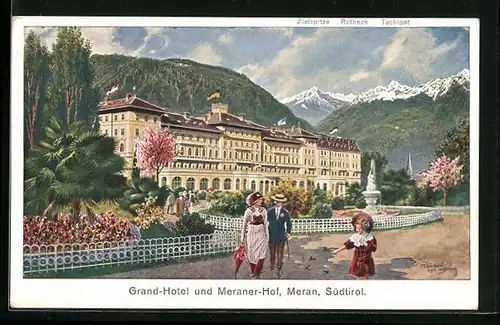 Künstler-AK F.A.C.M. Reisch: Meran, Grand-Hotel und Meraner-Hof mit Zielspitze, Rotheck und Tschigat