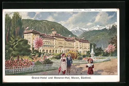 Künstler-AK F.A.C.M. Reisch: Meran, Grand-Hotel und Meraner-Hof mit Zielspitze, Rotheck und Tschigat