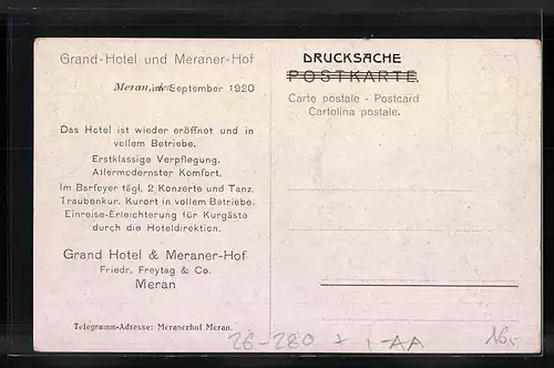 Künstler-AK F.A.C.M. Reisch: Meran, Grand-Hotel und Meraner-Hof mit Zielspitze, Rotheck und Tschigat