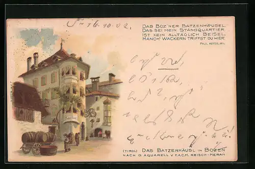 Künstler-AK F.A.C.M. Reisch: Bozen, Gasthof Batzenhäusl in der Strassenansicht