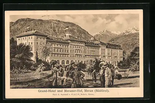 Künstler-AK F.A.C.M. Reisch: Meran, Grand-Hotel und Meraner-Hof mit Zielspitze, Rotheck, Tschigat