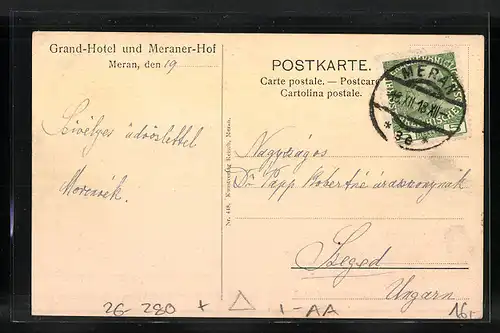 Künstler-AK F.A.C.M. Reisch: Meran, Grand-Hotel und Meraner-Hof mit Zielspitze, Rotheck, Tschigat