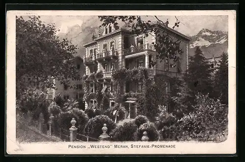 Künstler-AK F.A.C.M. Reisch: Meran, Hotel-Pension Westend an der Stefanie-Promenade