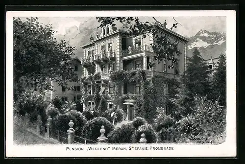 Künstler-AK F.A.C.M. Reisch: Meran, Hotel-Pension Westend an der Stefanie-Promenade