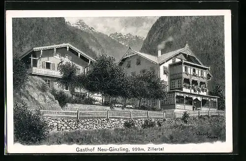 Künstler-AK F.A.C.M. Reisch: Ginzling im Zillertal, Gasthof Neu-Ginzling