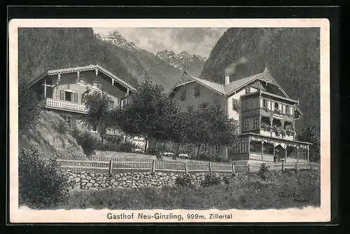 Künstler-AK F.A.C.M. Reisch: Ginzling im Zillertal, Gasthof Neu-Ginzling