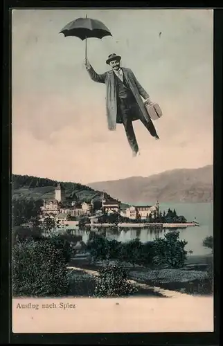 AK Spiez, Fernansicht der Ortschaft und fliegender Herr mit Regenschirm und Koffer