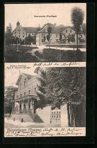 AK Münsterlingen /Thurgau, Westflügel des Kantonspitals, Hotel-Pension Schelling