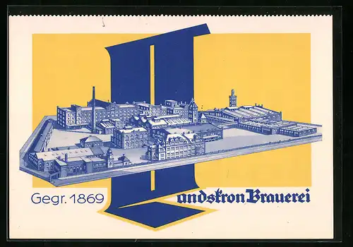 Künstler-AK Görlitz, Werbung für Landskron-Bier, Brauerei aus der Vogelschau