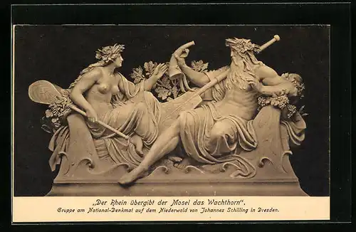 AK Nationaldenkmal auf dem Niederwald, Plastik Der Rhein übergibt der Mosel das Wachthorn
