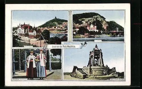 AK Porta Westfalica, Kaiser-Denkmal, Bückeburger Landestracht, Wittekindsberg