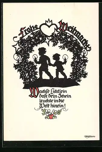 Künstler-AK Georg Plischke: Schattenbild, Wachse Lichtlein dass dein Schein..., Zwei Kinder mit Kerze, Weihnachtsgruss