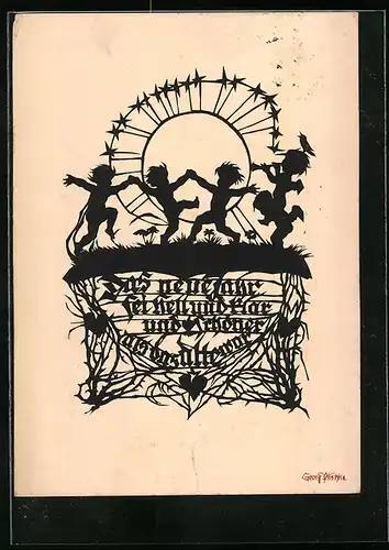 Künstler-AK Georg Plischke: Schattenbild, Englein mit Flöte und tanzenden Kindern