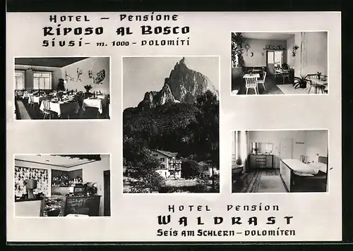 AK Seis am Schlern, Hotel Pension Waldrast, Innenansichten und Bergpanorama