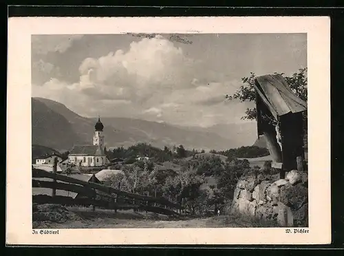 AK St. Oswald, Ortsansicht mit den Sarntaler Alpen