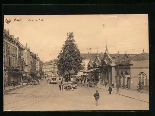 AK Gand, Gare du Sud, Bahnhof mit Strassenbahn