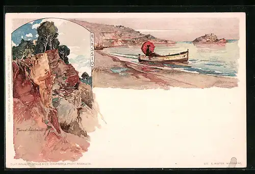 Künstler-AK Manuel Wielandt: Alassio, Strandpartie mit Boot, Felsen mit Bäumen