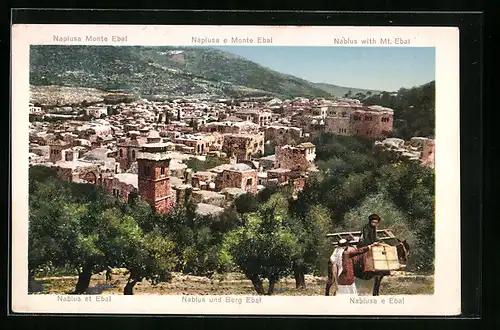 AK Nablus, Ortsansicht mit Berg Ebal und zwei Beduinen