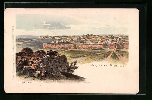 Künstler-AK Jerusalem, Ortsansicht vom Ölberg aus