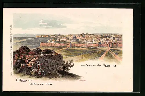 Künstler-AK Jerusalem, Teilansicht vom Ölberg aus