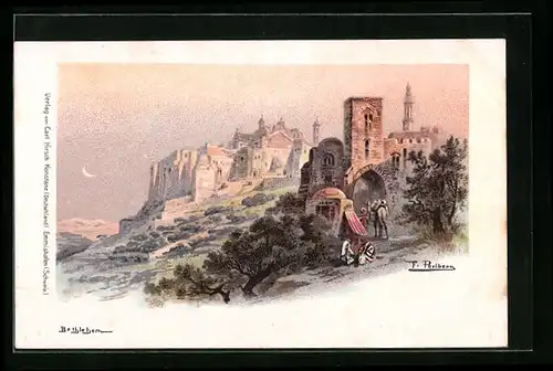 Künstler-AK Bethlehem, Ortsansicht vom Stadtrand aus