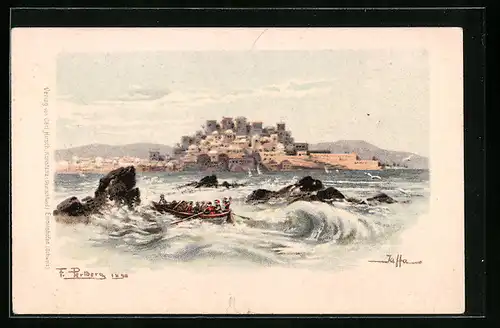 Künstler-AK Jaffa, Gesamtansicht hinter unruhigem Meer