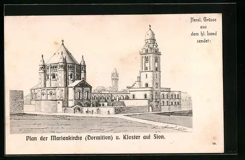 Künstler-AK Jerusalem, Plan der Marienkirche (Dormition) und Kloster auf Sion