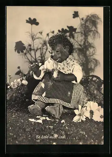 AK Er liebt mich doch..., Mecki-Frau mit einer Blume