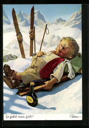 AK Es geht mir gut!, Mecki ruht selig in Winterlandschaft