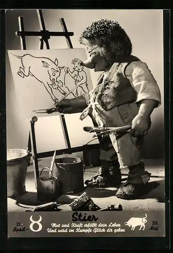 AK Sternzeichen Stier, Mecki malt einen Stier