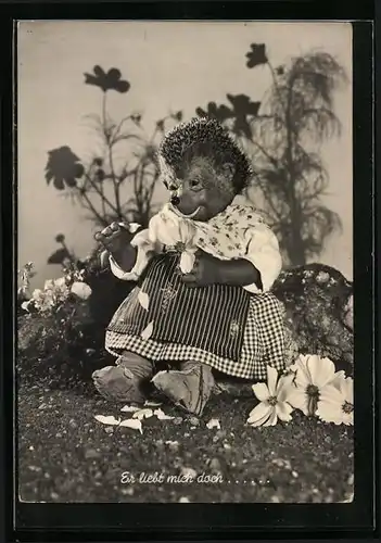 AK Er liebt mich doch..., Mecki-Frau mit einer Blume