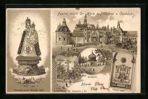 Lithographie Pribrami, Sv. Hora, Zázracný obraz Rodicky Bozí, Kalvaria, Studánka, Hlavní oltár