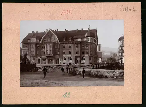Fotografie Brück & Sohn Meissen, Ansicht Olbernhau, Partie an der Brücke mit Blick zum Rathaus, Restaurant Kegelschmiede
