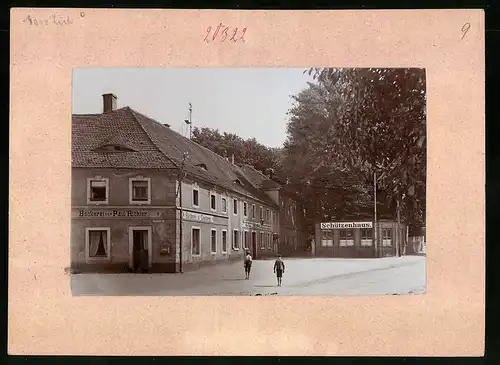 Fotografie Brück & Sohn Meissen, Ansicht Grossenhain, Partie am Schützenhaus und Bäckerei Paul Richter, Knaben auf Strasse