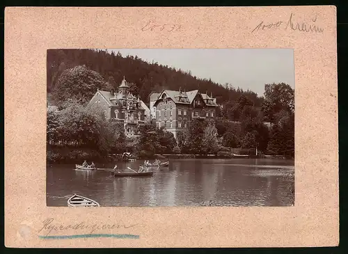 Fotografie Brück & Sohn Meissen, Ansicht Bad Elster, Gondelteich mit Blick auf Schloss Miramar udn Villa Abazzia