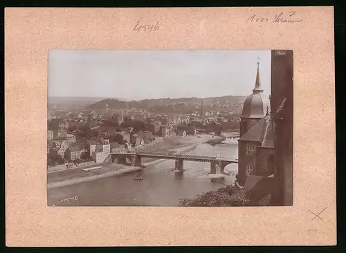 Fotografie Brück & Sohn Meissen, Ansicht Meissen i. Sa., Blick auf die Stadt mit Elbebrück von der Albrechtsburg aus