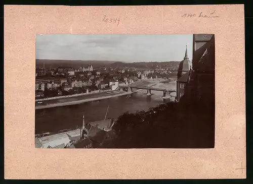 Fotografie Brück & Sohn Meissen, Ansicht Meissen, Blick von der Albrechtsburg auf die Stadt mit Elbebrücke